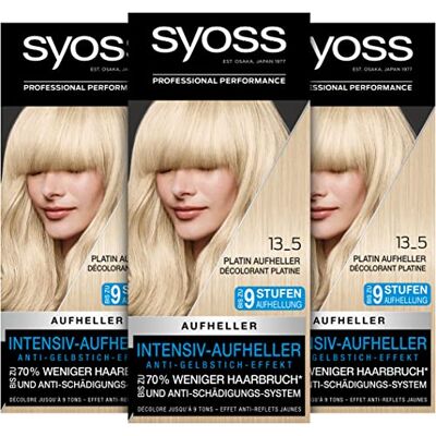 Syoss Color Coloration 13_5 Platinum, éclaircissant, niveau 3 (3 x 157 ml), coloration pour cheveux jusqu'à 9 niveaux d'éclaircissement, avec effet anti-jaunissement et jusqu'à 70% de casse en moins* Syoss Color Coloration 13_5 Platinum, éclaircissant, niveau 3 (3 x 157 ml), coloration pour cheveux jusqu'à 9 niveaux d'éclaircissement, avec effet anti-jaunissement et jusqu'à 70% de casse en moins*
