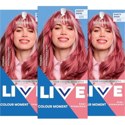 Schwarzkopf LIVE Colour Moment 025 Dusty Rose (3 x 142,5 ml), coloration pour des résultats intenses ou pastel pour jusqu'à 15 lavages, avec après-shampoing Schwarzkopf LIVE Colour Moment 025 Dusty Rose (3 x 142,5 ml), coloration pour des résultats intenses ou pastel pour jusqu'à 15 lavages, avec après-shampoing