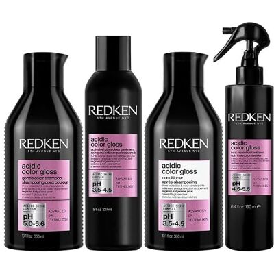 Redken Pack Acidic Color Gloss Shampooing sans sulfate 300 ml, après-shampoing brillant couleur acide 300 ml, traitement brillant pour verre activé 237 ml et traitement de protection thermique 190 ml Redken Pack Acidic Color Gloss Shampooing sans sulfate 300 ml, après-shampoing brillant couleur acide 300 ml, traitement brillant pour verre activé 237 ml et traitement de protection thermique 190 ml