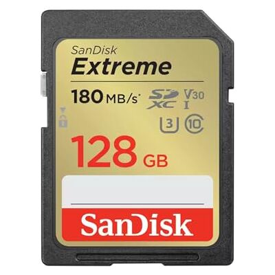 SanDisk 128 Go Extreme carte SDXC + RescuePRO Deluxe, jusqu'à 180 Mo/s, UHS-I, Classe 10, U3, V30 SanDisk 128 Go Extreme carte SDXC + RescuePRO Deluxe, jusqu'à 180 Mo/s, UHS-I, Classe 10, U3, V30