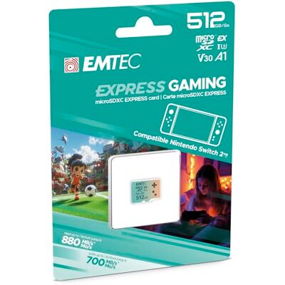 EMTEC , Carte MicroSDXC 512GB UHS-I U3 V30 A1 Express Gaming, Compatible Nintendo Switch 2, Haute Vitesse jusqu'à 880Mb/s, Stockage Étendu, Idéale pour Jeux Vidéo et Applications EMTEC , Carte MicroSDXC 512GB UHS-I U3 V30 A1 Express Gaming, Compatible Nintendo Switch 2, Haute Vitesse jusqu'à 880Mb/s, Stockage Étendu, Idéale pour Jeux Vidéo et Applications