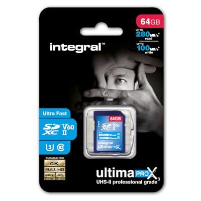 Integral Carte mémoire SDXC professionnelle haute vitesse 64 Go UHS-II v60 Jusqu'à 280 Mo/s en lecture et 100 Mo/s en écriture Integral Carte mémoire SDXC professionnelle haute vitesse 64 Go UHS-II v60 Jusqu'à 280 Mo/s en lecture et 100 Mo/s en écriture