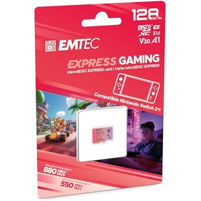 EMTEC , Carte MicroSDXC 128GB UHS-I U3 V30 A1 Express Gaming, Compatible Nintendo Switch 2, Haute Vitesse jusqu'à 880Mb/s, Stockage Étendu, Idéale pour Jeux Vidéo et Applications EMTEC , Carte MicroSDXC 128GB UHS-I U3 V30 A1 Express Gaming, Compatible Nintendo Switch 2, Haute Vitesse jusqu'à 880Mb/s, Stockage Étendu, Idéale pour Jeux Vidéo et Applications