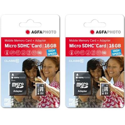 AgfaPhoto Pack 2 Cartes mémoire microSDHC 10580 Capacité 16GB + 16GB Noir AgfaPhoto Pack 2 Cartes mémoire microSDHC 10580 Capacité 16GB + 16GB Noir
