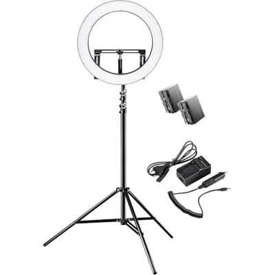 Walimex Pro Anneau lumineux LED à intensité variable 32 W avec trépied de lampe et 2 batteries I Lampe annulaire avec secteurs commutables individuellement I 500 Bi Color Lampe d'appareil photo & Walimex Pro Anneau lumineux LED à intensité variable 32 W avec trépied de lampe et 2 batteries I Lampe annulaire avec secteurs commutables individuellement I 500 Bi Color Lampe d'appareil photo &
