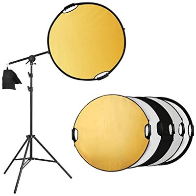 Selens Réflecteur de photographie 5 en 1 80 cm + support de lumière de 200 cm + sac de sable + support extensible, diffuseur de transport doré/argenté/blanc/noir et réflecteur transparent avec poignée Selens Réflecteur de photographie 5 en 1 80 cm + support de lumière de 200 cm + sac de sable + support extensible, diffuseur de transport doré/argenté/blanc/noir et réflecteur transparent avec poignée