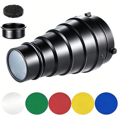 Andoer Snoot Flash, Kit de Snoot Moyen avec Grille en Nid d'Abeille et 5 Pièces Filtres de Gel de Couleur, en Alliage d'Aluminium pour Studio Strobe Flash à Bowens Baïonnette Andoer Snoot Flash, Kit de Snoot Moyen avec Grille en Nid d'Abeille et 5 Pièces Filtres de Gel de Couleur, en Alliage d'Aluminium pour Studio Strobe Flash à Bowens Baïonnette
