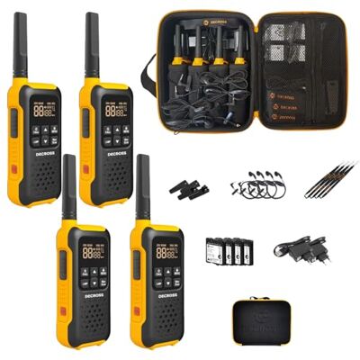 DC DECROSS 93 Talkie Walkie Longue Portée, Toki Walki Professionnelle jusqu'à 10 km, PMR, 16 canaux, VOX, Lampe de Poche, IP67 résistant aux intempéries, Mains Libres, écouteurs, Rechargeable (4pcs) DC DECROSS 93 Talkie Walkie Longue Portée, Toki Walki Professionnelle jusqu'à 10 km, PMR, 16 canaux, VOX, Lampe de Poche, IP67 résistant aux intempéries, Mains Libres, écouteurs, Rechargeable (4pcs)