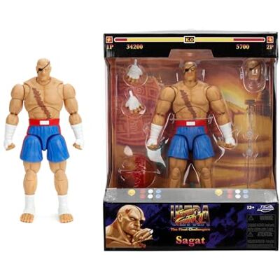 Jada Toys Street Fighter Figurine Sagat (19 cm) – Figurine mobile de collection et d'action de Street Fighter 2 The Final Challengers, avec tête, mains et accessoires alternatifs, à partir de 13 ans Jada Toys Street Fighter Figurine Sagat (19 cm) – Figurine mobile de collection et d'action de Street Fighter 2 The Final Challengers, avec tête, mains et accessoires alternatifs, à partir de 13 ans