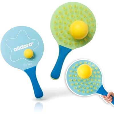 alldoro 60070 Stick & Play Lot de 4 raquettes avec 2 balles, 2 raquettes avec côté ventouse pour 2 modes de jeu, enfants à partir de 3 ans, 20 x 35 cm, multicolore alldoro 60070 Stick & Play Lot de 4 raquettes avec 2 balles, 2 raquettes avec côté ventouse pour 2 modes de jeu, enfants à partir de 3 ans, 20 x 35 cm, multicolore