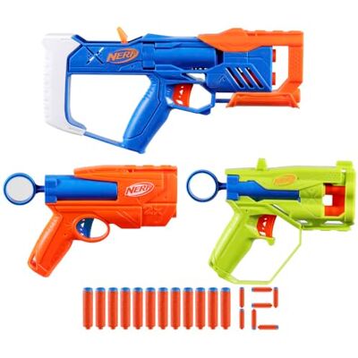 Nerf N-Series Triple Action Pack, 3 Blasters, 12 fléchettes N1, compatible uniquement avec N Series Blaster, jeux de plein air pour enfants à partir de 8 ans Nerf N-Series Triple Action Pack, 3 Blasters, 12 fléchettes N1, compatible uniquement avec N Series Blaster, jeux de plein air pour enfants à partir de 8 ans