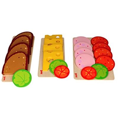 Goki Bambilino Tranches de pain, tranches de saucisses et charcuterie au fromage, avec accompagnement pour salade et légumes – Ensemble de pain, saucisses, fromage en bois comme accessoire pour Goki Bambilino Tranches de pain, tranches de saucisses et charcuterie au fromage, avec accompagnement pour salade et légumes – Ensemble de pain, saucisses, fromage en bois comme accessoire pour