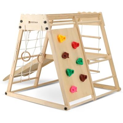 Deryan Cadre d'escalade pour enfants Aire de jeux d'intérieur avec toboggan, mur d'escalade, filet d'escalade et anneaux de gymnastique Tour d'escalade en bois pliable Naturel Deryan Cadre d'escalade pour enfants Aire de jeux d'intérieur avec toboggan, mur d'escalade, filet d'escalade et anneaux de gymnastique Tour d'escalade en bois pliable Naturel