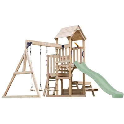 AXI Mette Aire De Jeux En Bois Avec 2 Balançoires, Toboggan Vert Pastel, Table De Pique Nique/Aire De Jeux Extérieur Avec Balançoires/Bac À Sable/Téléscope Portique Balançoire/Jeux En Bois AXI Mette Aire De Jeux En Bois Avec 2 Balançoires, Toboggan Vert Pastel, Table De Pique Nique/Aire De Jeux Extérieur Avec Balançoires/Bac À Sable/Téléscope Portique Balançoire/Jeux En Bois