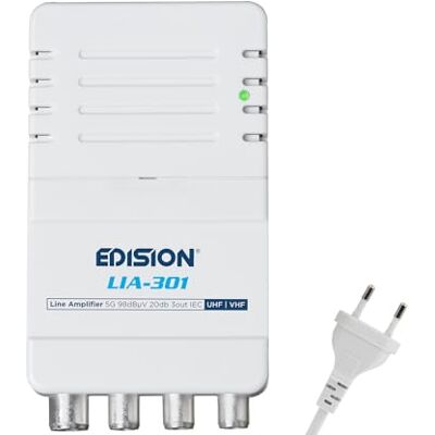 Edision LIA-301 Amplificateur Antenne TV TNT intérieur d'appartement UHF/VHF, 5-20db Réglable, 98dBmV, pour Numérique Terrestre DVB-T/T2, avec Filtre 5G LTE, 1 entrée, 3 Sorties, Connecteurs IEC Edision LIA-301 Amplificateur Antenne TV TNT intérieur d'appartement UHF/VHF, 5-20db Réglable, 98dBmV, pour Numérique Terrestre DVB-T/T2, avec Filtre 5G LTE, 1 entrée, 3 Sorties, Connecteurs IEC