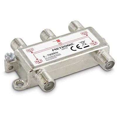 Metronic Répartiteur TV Antenne TNT 4 Sorties à fiche F Blindé Métal, Splitter TV pour 4 TV- 336114 Metronic Répartiteur TV Antenne TNT 4 Sorties à fiche F Blindé Métal, Splitter TV pour 4 TV- 336114