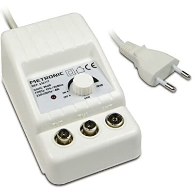Metronic 332177, amplificateur d'antenne TV intérieure pour chaînes TNT, compatible 4G/5G, 26 dB, 2 sorties avec prise TV 9,52 mm, blanc Metronic 332177, amplificateur d'antenne TV intérieure pour chaînes TNT, compatible 4G/5G, 26 dB, 2 sorties avec prise TV 9,52 mm, blanc
