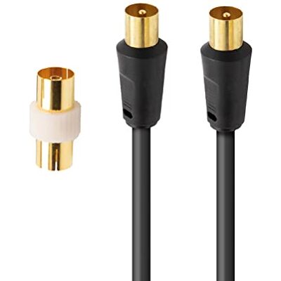 APM Câble TV Antenne 9.52mm, 2 Mètres, Connecteurs Gold Mâle/Mâle, Cordon Coaxial Noir avec Adaptateur Femelle/Femelle Inclus, Compatible TV Décodeur TNT Fiche Murale 9.52mm, 408019 APM Câble TV Antenne 9.52mm, 2 Mètres, Connecteurs Gold Mâle/Mâle, Cordon Coaxial Noir avec Adaptateur Femelle/Femelle Inclus, Compatible TV Décodeur TNT Fiche Murale 9.52mm, 408019