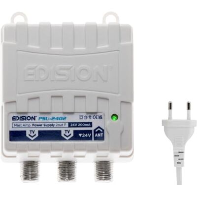 Edision PSU-2402 Alimentation pour amplificateur de poteau Antenne TV avec connecteur F, DC 24 V 200 mA Fréquences 5-862 Mhz, 1 entrée, 2 sorties Edision PSU-2402 Alimentation pour amplificateur de poteau Antenne TV avec connecteur F, DC 24 V 200 mA Fréquences 5-862 Mhz, 1 entrée, 2 sorties