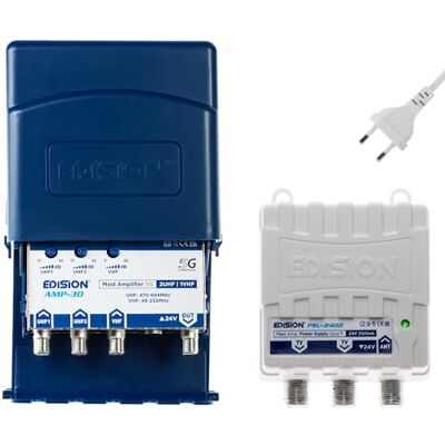 Edision Kit MAK-300 : amplificateur antenne TV pour poteau 2UHF, 1VHF/FM, 17-32 dB. 107 dBmV, 24 V, pour numérique terrestre DVB-T/T2, avec filtre 5G LTE + alimentation 24 V 200 mA F 2 sorties Edision Kit MAK-300 : amplificateur antenne TV pour poteau 2UHF, 1VHF/FM, 17-32 dB. 107 dBmV, 24 V, pour numérique terrestre DVB-T/T2, avec filtre 5G LTE + alimentation 24 V 200 mA F 2 sorties