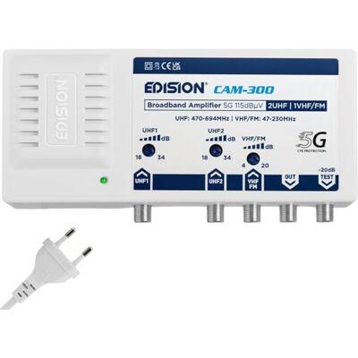 Edision CAM-300 Amplificateur d'antenne TV, centrale large bande, 2UHF, 1VHF/FM, 18-34 dB réglable, 115 dBmV, pour numérique terrestre DVB-T/T2, avec filtre 5G LTE, UHF 470-694 Mhz, VHF/FM 47-230 MHz Edision CAM-300 Amplificateur d'antenne TV, centrale large bande, 2UHF, 1VHF/FM, 18-34 dB réglable, 115 dBmV, pour numérique terrestre DVB-T/T2, avec filtre 5G LTE, UHF 470-694 Mhz, VHF/FM 47-230 MHz