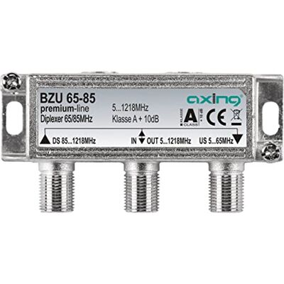 Axing BZU 65-85 Diplexeur 65/85 MHz, combine ou divise le canal de retour 5-65 MHz et signal TV 85-1218 MHz Axing BZU 65-85 Diplexeur 65/85 MHz, combine ou divise le canal de retour 5-65 MHz et signal TV 85-1218 MHz