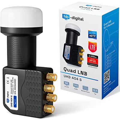 HB-DIGITAL Universal Quad LNB Noir UHD 4K Full HD DVB-S/S2 Facteur de bruit de 0,1 dB pour quatre récepteurs satellite (connexion directe) Contacts dorés Protection contre les intempéries HB-DIGITAL Universal Quad LNB Noir UHD 4K Full HD DVB-S/S2 Facteur de bruit de 0,1 dB pour quatre récepteurs satellite (connexion directe) Contacts dorés Protection contre les intempéries