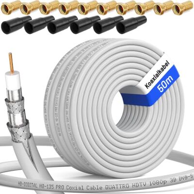 HB-DIGITAL Câble coaxial SAT HQ135 PRO 50 m avec 5 douilles en caoutchouc + 10 fiches F plaquées or gratuites Câble d'antenne satellite 4 voies blindé Pour installations DVB-S/S2 DVB-C/C2 DVB-T/T2 HB-DIGITAL Câble coaxial SAT HQ135 PRO 50 m avec 5 douilles en caoutchouc + 10 fiches F plaquées or gratuites Câble d'antenne satellite 4 voies blindé Pour installations DVB-S/S2 DVB-C/C2 DVB-T/T2