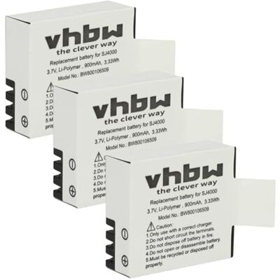 vhbw Lot de 3 batteries Li-Ion 900 mAh (3,7 V) compatibles avec caméscope, caméra vidéo, caméra de sport Forever SC-100, SC-200, SC-210, SC-220, SC-300, SC-310, SC-400 vhbw Lot de 3 batteries Li-Ion 900 mAh (3,7 V) compatibles avec caméscope, caméra vidéo, caméra de sport Forever SC-100, SC-200, SC-210, SC-220, SC-300, SC-310, SC-400