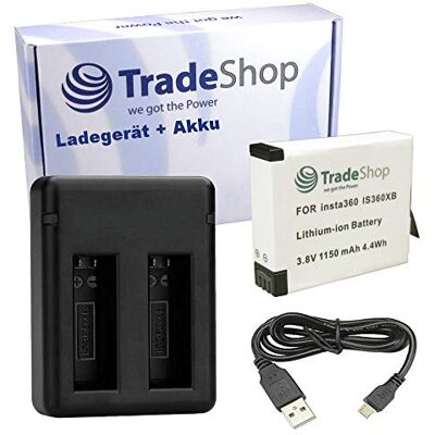 Trade-Shop Kit 2 en 1 : batterie Li-ion haute performance IS360XB et chargeur double BC-IS360XB compatible avec appareil photo panoramique Insta360 One X 360° Trade-Shop Kit 2 en 1 : batterie Li-ion haute performance IS360XB et chargeur double BC-IS360XB compatible avec appareil photo panoramique Insta360 One X 360°