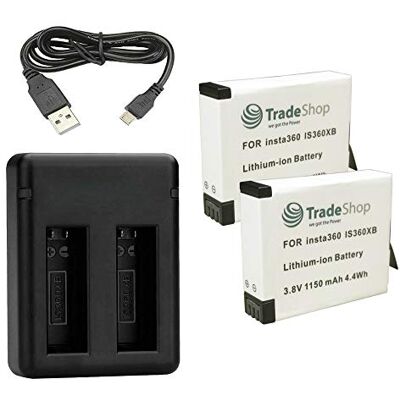 Trade-Shop Kit 3 en 1 : 2 batteries de rechange IS360XB 1150 mAh + double chargeur USB avec câble micro USB pour caméra Insta360 ONE X Trade-Shop Kit 3 en 1 : 2 batteries de rechange IS360XB 1150 mAh + double chargeur USB avec câble micro USB pour caméra Insta360 ONE X
