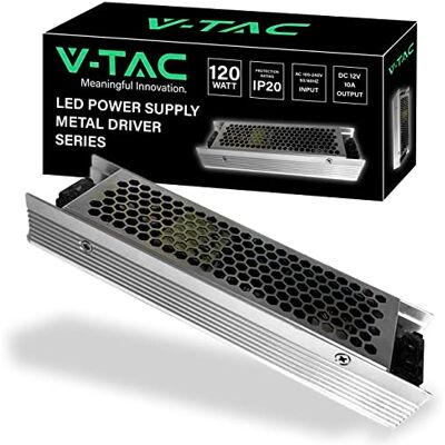 V-TAC Alimentation professionnelle pour bandes LED 120 W 12 V 10 A – Transformateur en métal pour appareils électroniques, caméras, écrans – Ultra fin – AC: 85 – 265 V V-TAC Alimentation professionnelle pour bandes LED 120 W 12 V 10 A – Transformateur en métal pour appareils électroniques, caméras, écrans – Ultra fin – AC: 85 – 265 V