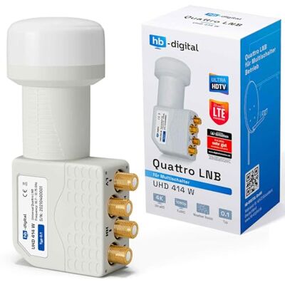 HB-DIGITAL Universal Quattro LNB Blanc UHD 4K Full HD DVB-S/S2 Facteur de bruit de 0,1 dB pour la connexion via multi-switch Contacts dorés Protection contre les intempéries HB-DIGITAL Universal Quattro LNB Blanc UHD 4K Full HD DVB-S/S2 Facteur de bruit de 0,1 dB pour la connexion via multi-switch Contacts dorés Protection contre les intempéries