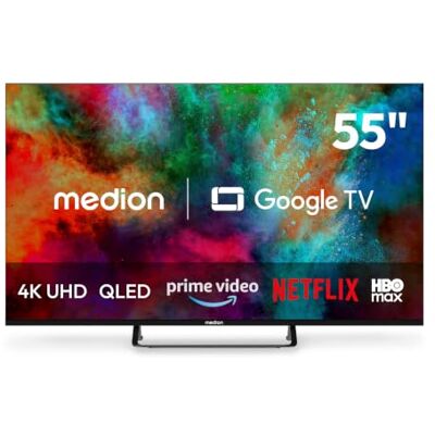 Medion 138.8 cm 55" Téléviseur QLED Smart TV 4K Dolby Vision HDR Prime Video Disney+ Compatible Google TV PVR Bluetooth, MD855701 Medion 138.8 cm 55" Téléviseur QLED Smart TV 4K Dolby Vision HDR Prime Video Disney+ Compatible Google TV PVR Bluetooth, MD855701