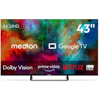 Medion 108 cm 43" Téléviseur Ultra HD Smart TV 4K Dolby Vision HDR Prime Video Disney+ Compatible Google TV PVR Bluetooth, MD843401 Medion 108 cm 43" Téléviseur Ultra HD Smart TV 4K Dolby Vision HDR Prime Video Disney+ Compatible Google TV PVR Bluetooth, MD843401