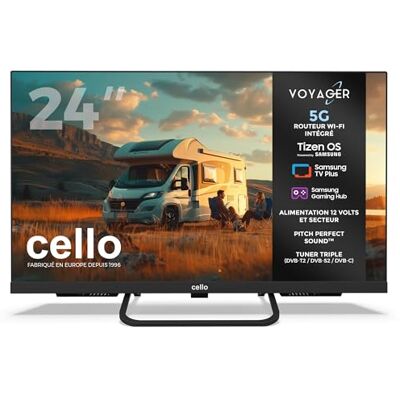 Cello Voyager C24TZR-VOY Téléviseur intelligent 24" 12 V avec routeur Wi-Fi 5G intégré et hotspot pour téléphones et appareils, Internet partout, Tizen OS de Samsung, idéal pour les camping-cars Cello Voyager C24TZR-VOY Téléviseur intelligent 24" 12 V avec routeur Wi-Fi 5G intégré et hotspot pour téléphones et appareils, Internet partout, Tizen OS de Samsung, idéal pour les camping-cars
