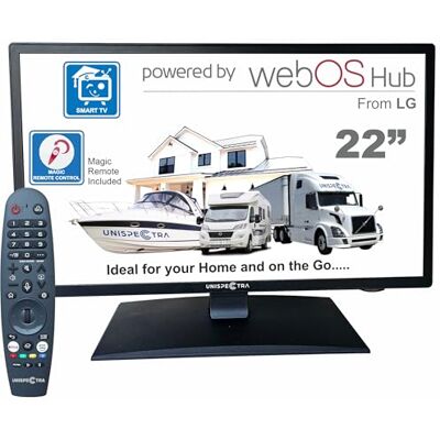 Unispectra ® 22“ Smart TV (webOS) FHD 230V 24V Triple Tuner: Sat, Antenne, Kabel TV, 3xHDMI, 2xUSB, Magic Remote. 12V TV voor campers, caravans, vrachtwagens, bestelwagens, boten, thuis Unispectra ® 22“ Smart TV (webOS) FHD 230V 24V Triple Tuner: Sat, Antenne, Kabel TV, 3xHDMI, 2xUSB, Magic Remote. 12V TV voor campers, caravans, vrachtwagens, bestelwagens, boten, thuis