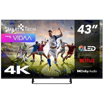 Smart Tech 43QV02V QLED Téléviseur 43" VIDAA Smart TV résolution 4K UHD HDR Dolby Audio 3 x HDMI, 2 x USB Bluetooth Design sans cadre Miracast Triple tuner DVB-C/-S2/-T2 Année modèle Smart Tech 43QV02V QLED Téléviseur 43" VIDAA Smart TV résolution 4K UHD HDR Dolby Audio 3 x HDMI, 2 x USB Bluetooth Design sans cadre Miracast Triple tuner DVB-C/-S2/-T2 Année modèle