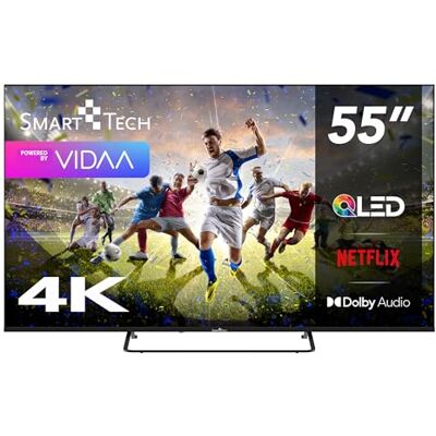 Smart Tech 55QV02K QLED Téléviseur 55" VIDAA Smart TV résolution 4K UHD HDR Dolby Audio 3 x HDMI, 2 x USB Bluetooth Design sans cadre Miracast Triple tuner DVB-C/-S2/-T2 Année modèle Smart Tech 55QV02K QLED Téléviseur 55" VIDAA Smart TV résolution 4K UHD HDR Dolby Audio 3 x HDMI, 2 x USB Bluetooth Design sans cadre Miracast Triple tuner DVB-C/-S2/-T2 Année modèle