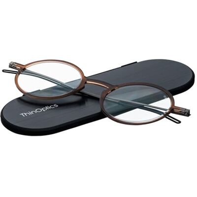 ThinOptics Lunettes de lecture Manhattan + Etui magnétique en aluminium anodisé Milano Cadres marron ronds, force 1,00 ThinOptics Lunettes de lecture Manhattan + Etui magnétique en aluminium anodisé Milano Cadres marron ronds, force 1,00