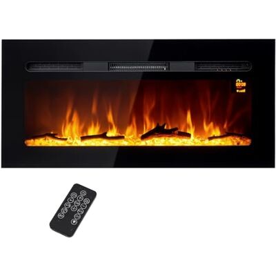 HOMCOM Cheminée Électrique 1800 W Murale ou Encastrable 91,4L cm Noir Fausse Cheminée, Effet Flamme en LED 3 Couleurs 5 Luminosités, Bûche et Cristal, Minuterie, Température 15-40℃, Télécommande HOMCOM Cheminée Électrique 1800 W Murale ou Encastrable 91,4L cm Noir Fausse Cheminée, Effet Flamme en LED 3 Couleurs 5 Luminosités, Bûche et Cristal, Minuterie, Température 15-40℃, Télécommande
