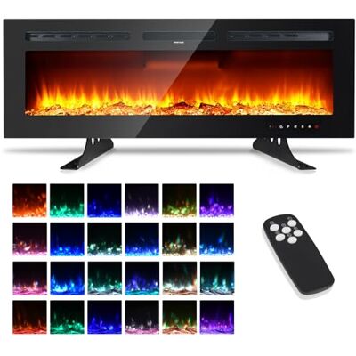 Zstar Cheminée électrique 3D murale 60" (152 cm), chauffage, 12 modes LED effet flamme, poêle à cheminée de 900/1800 W, installation murale ou encastrée, fonction application, télécommande, noir Zstar Cheminée électrique 3D murale 60" (152 cm), chauffage, 12 modes LED effet flamme, poêle à cheminée de 900/1800 W, installation murale ou encastrée, fonction application, télécommande, noir