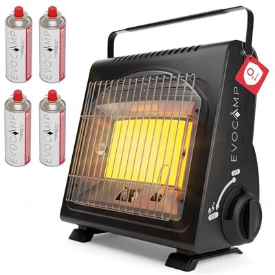 EVOCAMP Chauffage à gaz portable, réchauffeur de camping 1,7 kW, chauffage céramique, chauffage mobile parfait pour l'intérieur et l'extérieur (+ 4 cartouches de gaz) EVOCAMP Chauffage à gaz portable, réchauffeur de camping 1,7 kW, chauffage céramique, chauffage mobile parfait pour l'intérieur et l'extérieur (+ 4 cartouches de gaz)