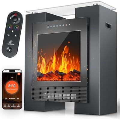 KESSER Cheminée électrique à LED avec chauffage Chauffage soufflant Cheminée électrique avec thermostat Cheminée sur pied avec effet flamme réaliste par application + télécommande et Wi-Fi KESSER Cheminée électrique à LED avec chauffage Chauffage soufflant Cheminée électrique avec thermostat Cheminée sur pied avec effet flamme réaliste par application + télécommande et Wi-Fi