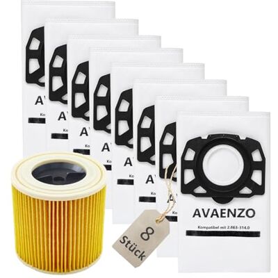 AVAENZO Lot de 8 sacs d'aspirateur KFI 357 2.863-314.0, 1 filtre à cartouche KFI 3310 pour Kärcher WD2 Plus WD3S SE 4001 SE 4002 KWD1-3 WD3.200 Remplace 2.863-303.0 AVAENZO Lot de 8 sacs d'aspirateur KFI 357 2.863-314.0, 1 filtre à cartouche KFI 3310 pour Kärcher WD2 Plus WD3S SE 4001 SE 4002 KWD1-3 WD3.200 Remplace 2.863-303.0