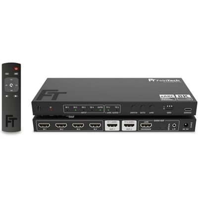 FeinTech AX341 Répartiteur HDMI 2.1 eARC 4 en 2 sorties avec extracteur audio (barre de son eARC, Toslink et AUX), 8K 60Hz, 4K120Hz, téléscaler FeinTech AX341 Répartiteur HDMI 2.1 eARC 4 en 2 sorties avec extracteur audio (barre de son eARC, Toslink et AUX), 8K 60Hz, 4K120Hz, téléscaler