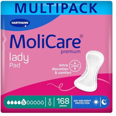 Molicare lady Pad Lot de 168 serviettes d'incontinence extra longues pour femmes souffrant d'incontinence moyenne, protection nocturne, neutralisateur d'odeurs, protection avancée de la peau Molicare lady Pad Lot de 168 serviettes d'incontinence extra longues pour femmes souffrant d'incontinence moyenne, protection nocturne, neutralisateur d'odeurs, protection avancée de la peau