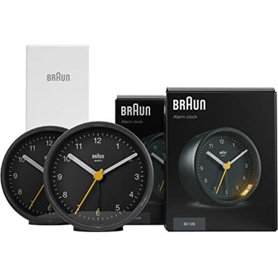 Braun BC12B Lot de 2 réveils analogiques classiques avec fonction snooze et lumière, mouvement à quartz silencieux, alarme Crescendo en noir, modèle BC12B Braun BC12B Lot de 2 réveils analogiques classiques avec fonction snooze et lumière, mouvement à quartz silencieux, alarme Crescendo en noir, modèle BC12B