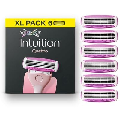 Wilkinson Sword Intuition Quattro pour femme, 6 recharges de lames, pack XL Rasoirs à 4 lames pour femme, testés dermatologiquement, manche antidérapant tenant debout, comprend 6 recharges Wilkinson Sword Intuition Quattro pour femme, 6 recharges de lames, pack XL Rasoirs à 4 lames pour femme, testés dermatologiquement, manche antidérapant tenant debout, comprend 6 recharges