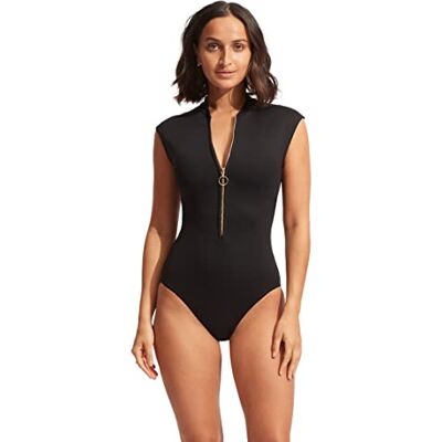 Seafolly Women's Standard Cap Sleeve Zip Front One Piece Swimsuit, Eco Collective Black, 8 Seafolly Women's Standard Cap Sleeve Zip Front One Piece Swimsuit, Eco Collective Black, 8